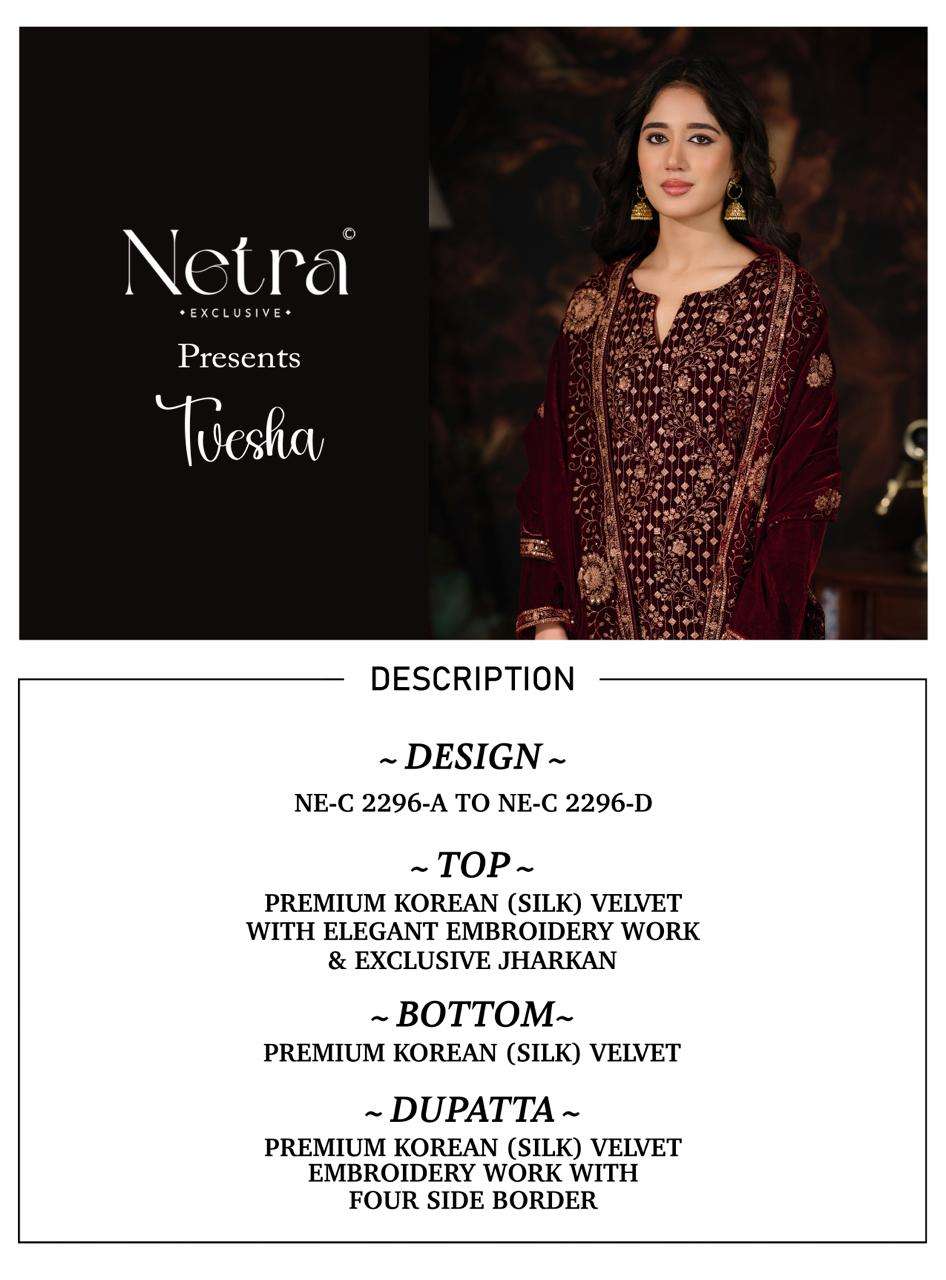 Netra Tvesha Premium Korean Silk Velvet Embroidered Unstitched Dress Material