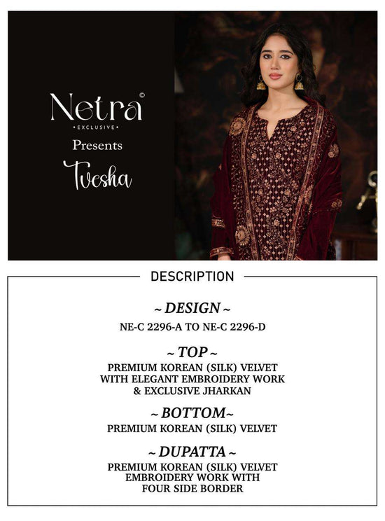 Netra Tvesha Premium Korean Silk Velvet Embroidered Unstitched Dress Material