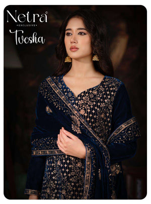 Netra Tvesha Premium Korean Silk Velvet Embroidered Unstitched Dress Material