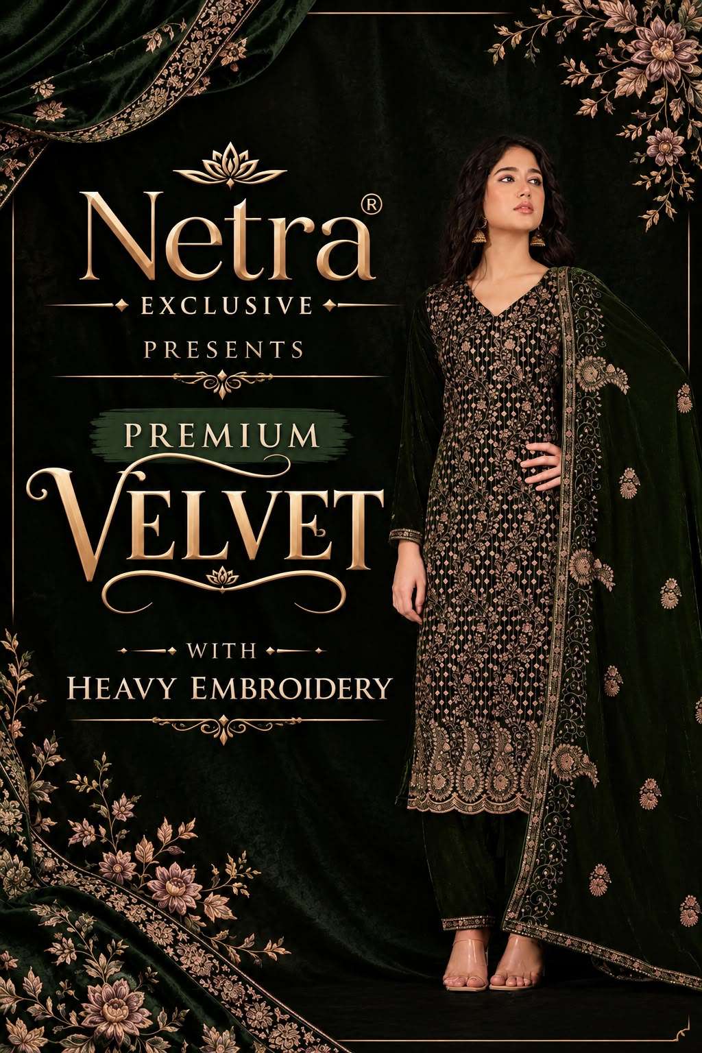 Netra Tvesha Premium Korean Silk Velvet Embroidered Unstitched Dress Material