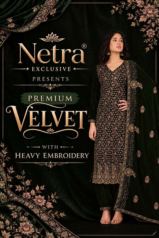 Netra Tvesha Premium Korean Silk Velvet Embroidered Unstitched Dress Material