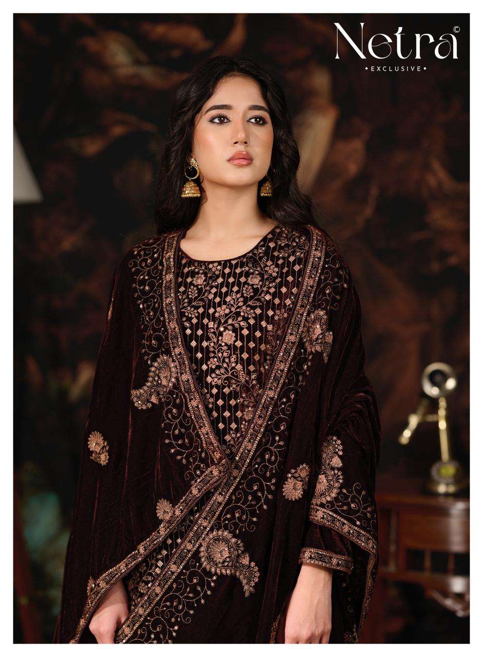 Netra Tvesha Premium Korean Silk Velvet Embroidered Unstitched Dress Material
