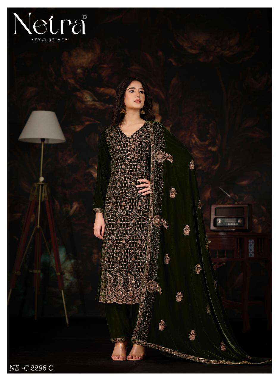 Netra Tvesha Premium Korean Silk Velvet Embroidered Unstitched Dress Material