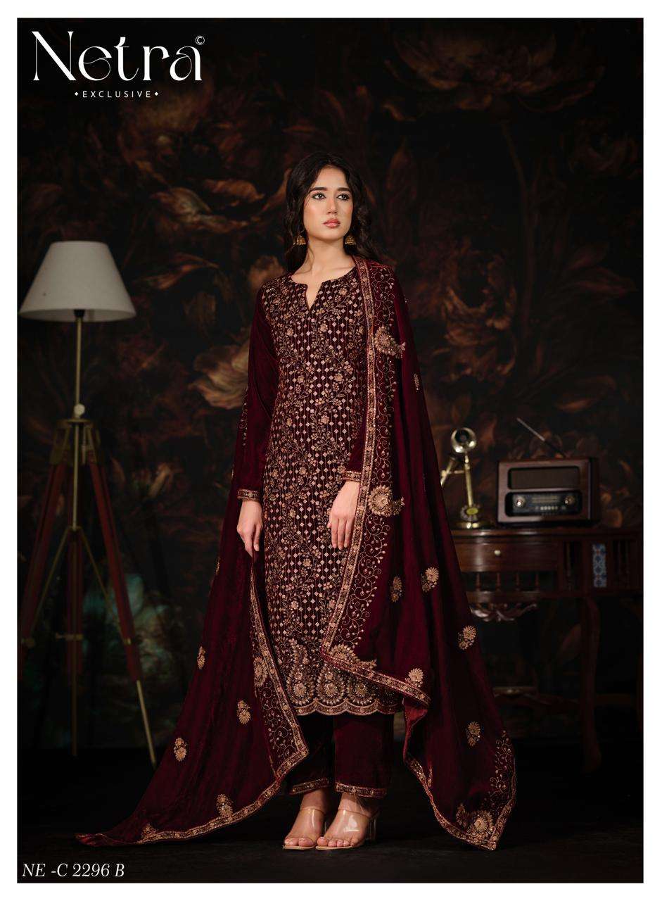 Netra Tvesha Premium Korean Silk Velvet Embroidered Unstitched Dress Material