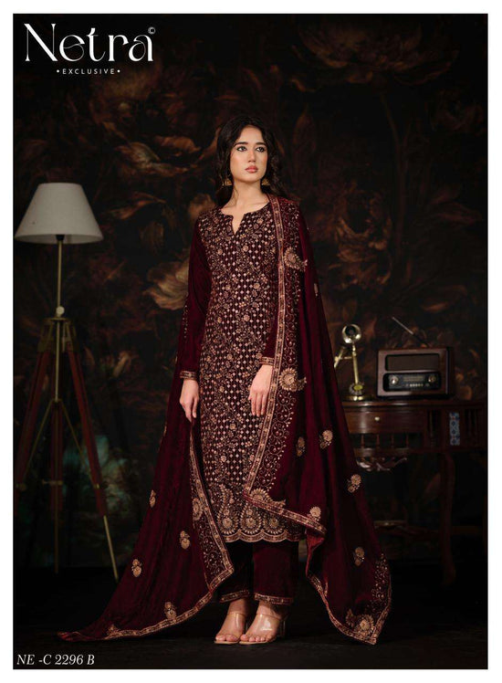 Netra Tvesha Premium Korean Silk Velvet Embroidered Unstitched Dress Material