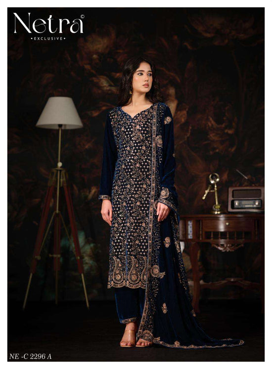 Netra Tvesha Premium Korean Silk Velvet Embroidered Unstitched Dress Material