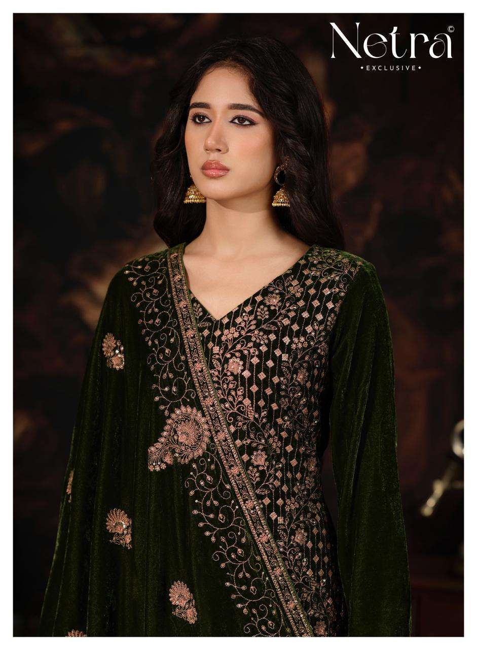 Netra Tvesha Premium Korean Silk Velvet Embroidered Unstitched Dress Material