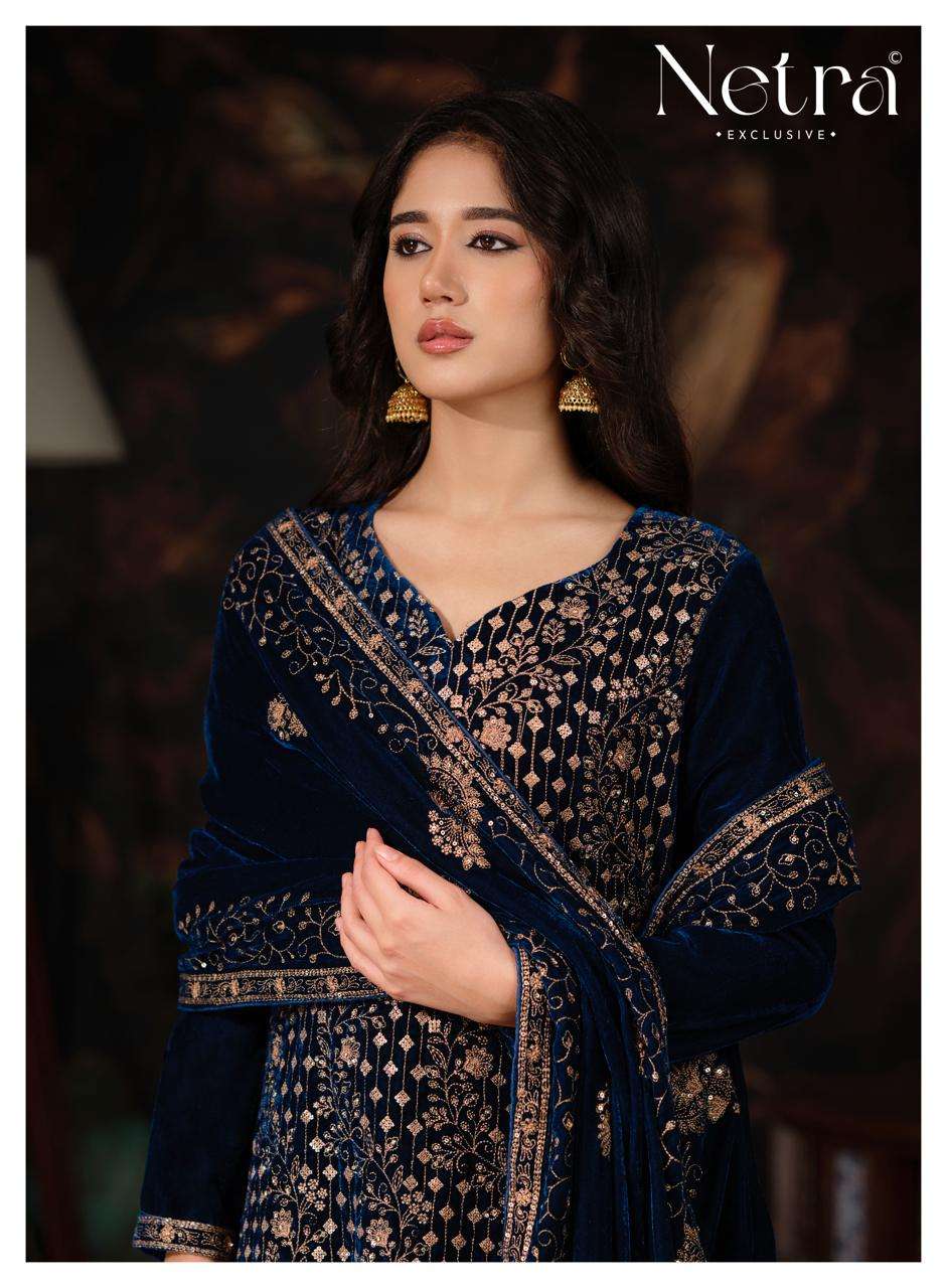 Netra Tvesha Premium Korean Silk Velvet Embroidered Unstitched Dress Material