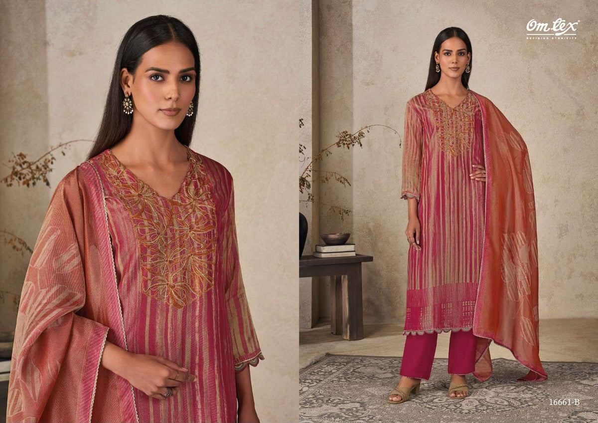 Omtex Aarika Checked Print Embroidered Dress Material