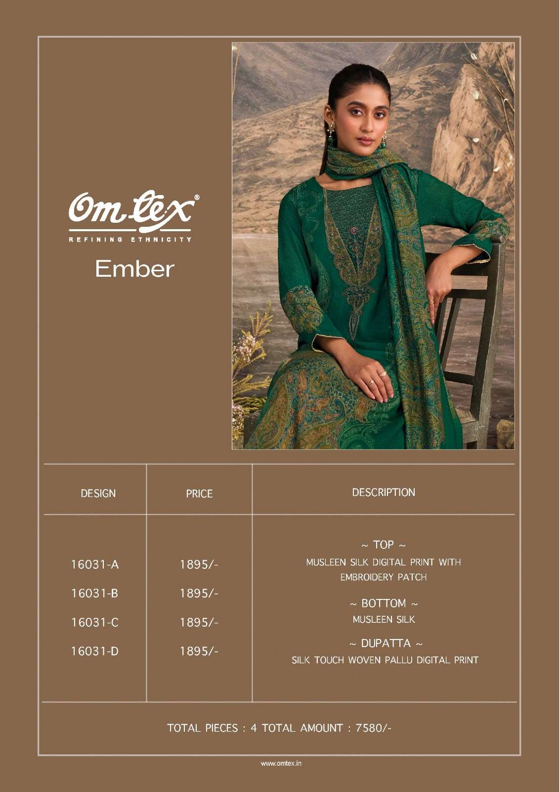 Omtex Ember Premium Muslin Silk Designer Dress Material - Amrah Wholesale