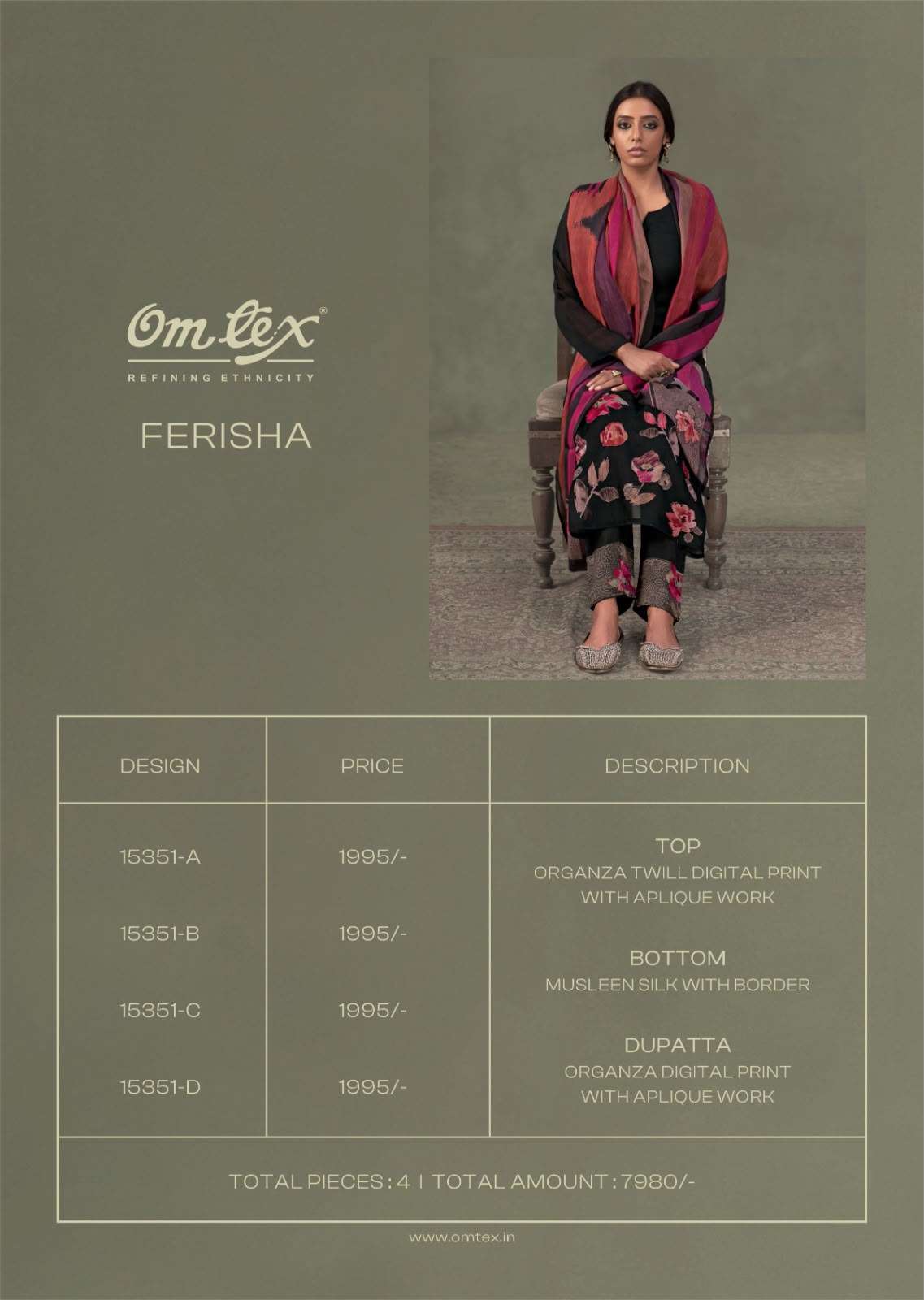 Omtex Ferisha Premium Organza Twill Applique Work Ladies Suit