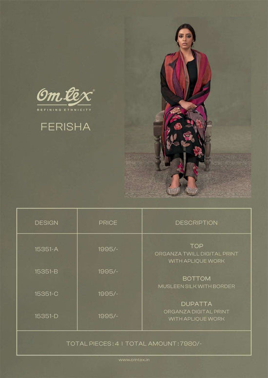 Omtex Ferisha Premium Organza Twill Applique Work Ladies Suit