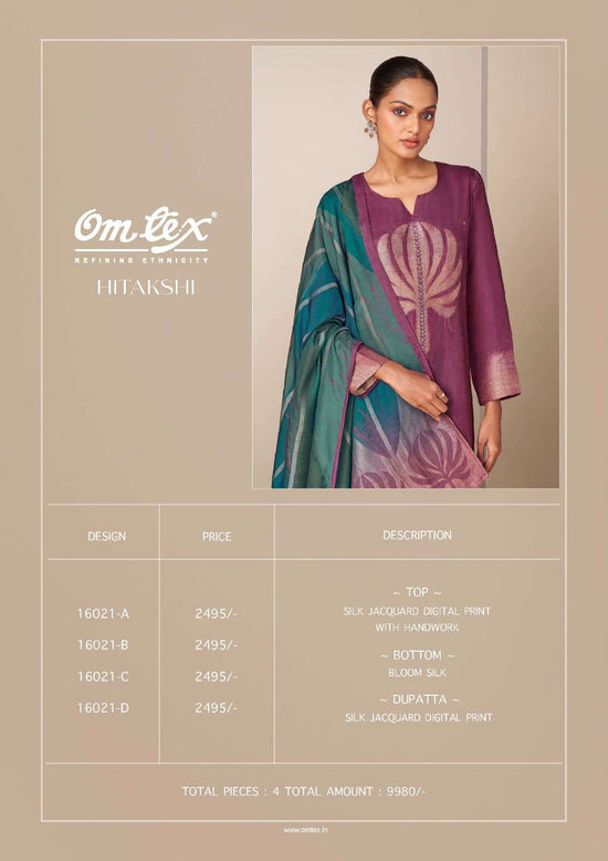 Omtex Hitakshi Silk Jacquard Digital Print Handwork Suit - Amrah Wholesale