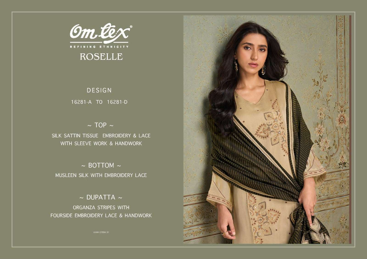 Omtex Roselle Silk Satin Tissue Handwork Embroidered Suit