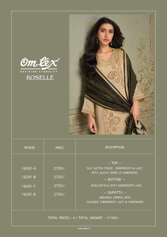 Omtex Roselle Silk Satin Tissue Handwork Embroidered Suit