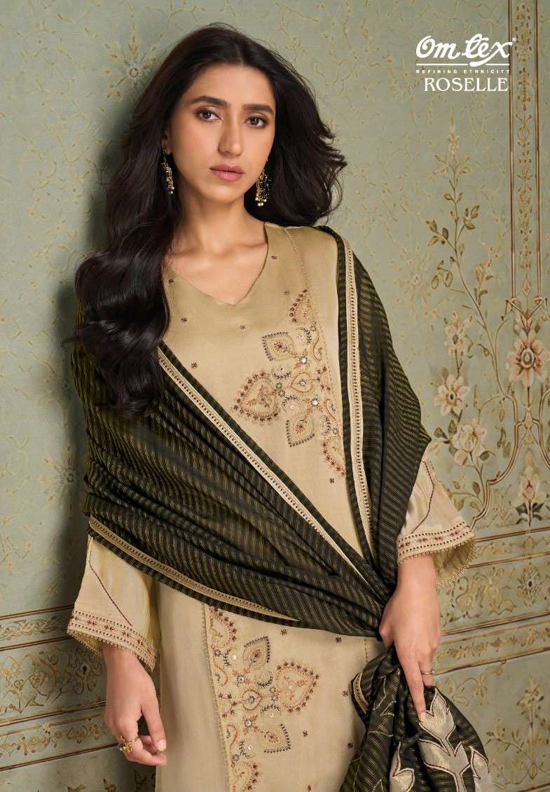Omtex Roselle Silk Satin Tissue Handwork Embroidered Suit