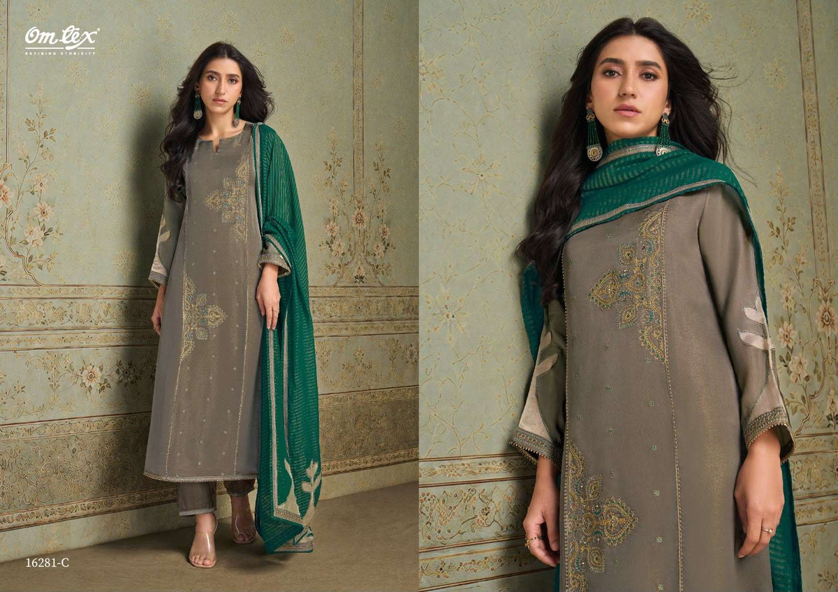 Omtex Roselle Silk Satin Tissue Handwork Embroidered Suit