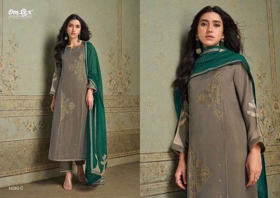 Omtex Roselle Silk Satin Tissue Handwork Embroidered Suit