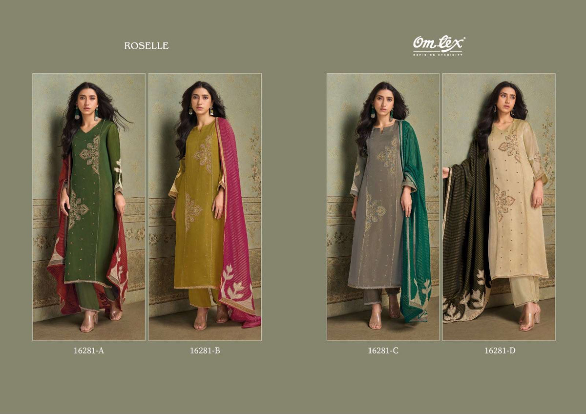 Omtex Roselle Silk Satin Tissue Handwork Embroidered Suit - Amrah Wholesale