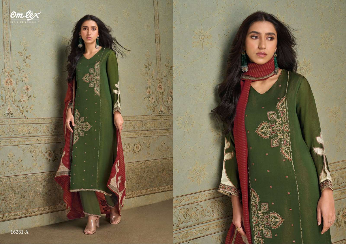 Omtex Roselle Silk Satin Tissue Handwork Embroidered Suit - Amrah Wholesale