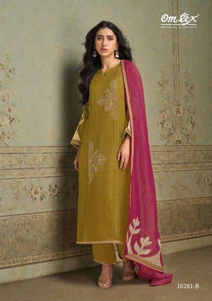 Omtex Roselle Silk Satin Tissue Handwork Embroidered Suit - Amrah Wholesale