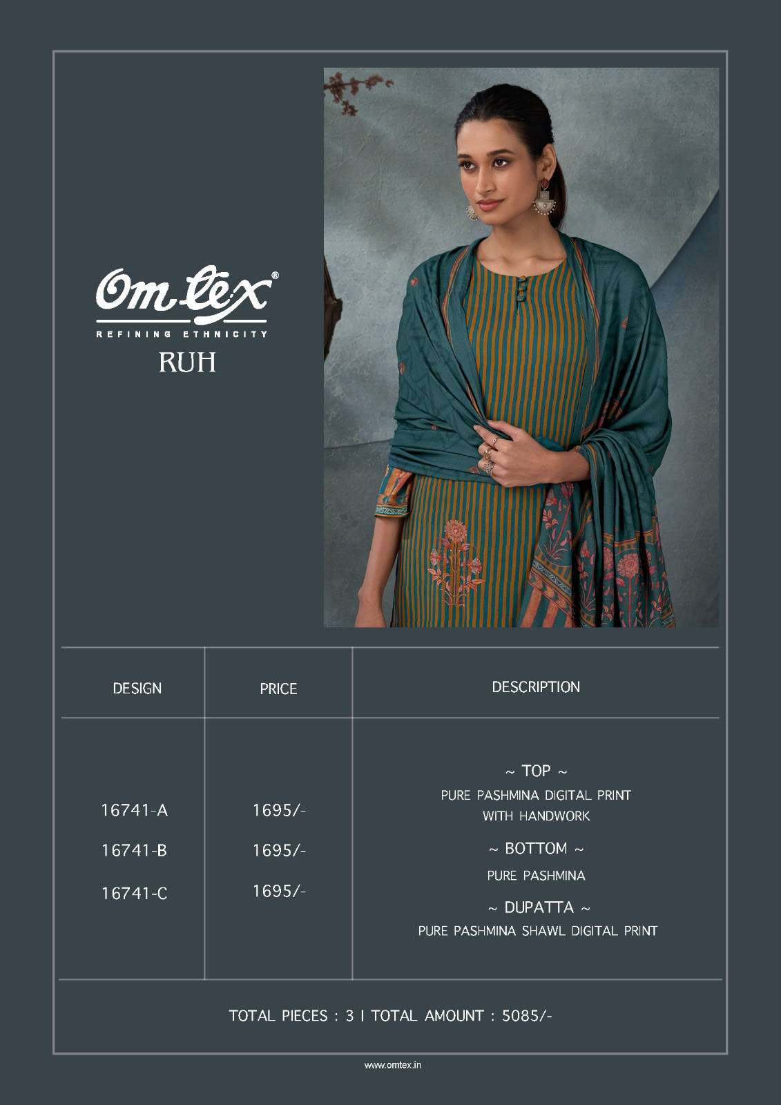 Omtex Ruh Pure Pashmina Digital Printed Dress Material