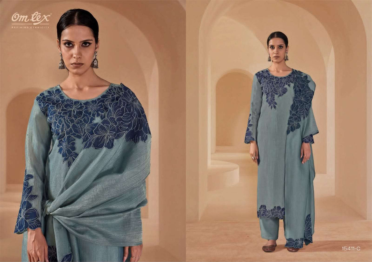 Omtex Zahira Scarlet Crush Aplique Work Unstitched Dress Material - Amrah Wholesale