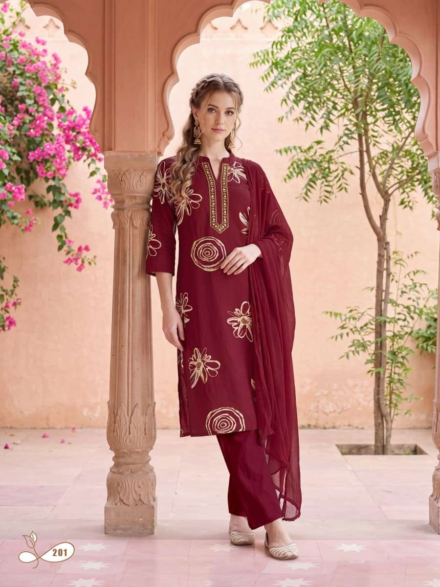 Ossm Mahima Vol 2 Rayon Embroidered Kurti Pant Dupatta Set