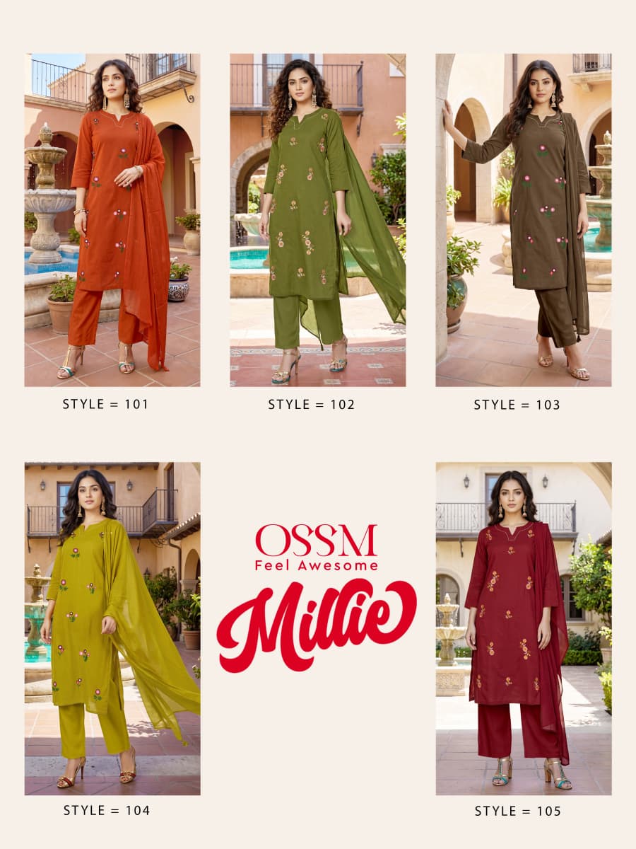Ossm Millie Vol 1 Cotton Embroidered Kurti Pant Dupatta Set - Amrah Wholesale