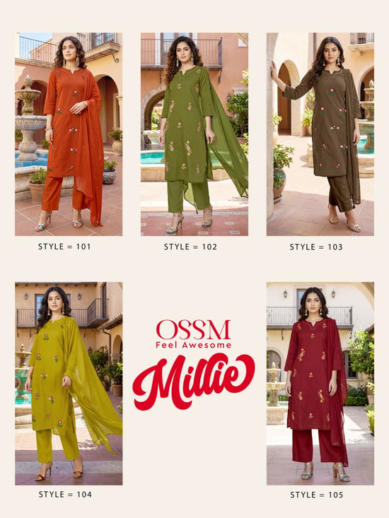Ossm Millie Vol 1 Cotton Embroidered Kurti Pant Dupatta Set - Amrah Wholesale