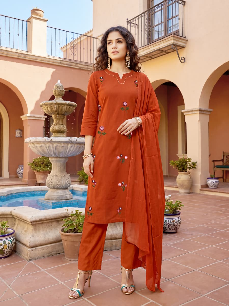 Ossm Millie Vol 1 Cotton Embroidered Kurti Pant Dupatta Set - Amrah Wholesale
