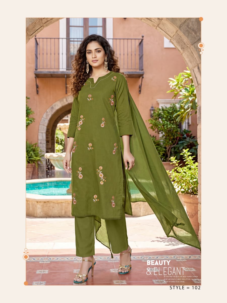 Ossm Millie Vol 1 Cotton Embroidered Kurti Pant Dupatta Set - Amrah Wholesale