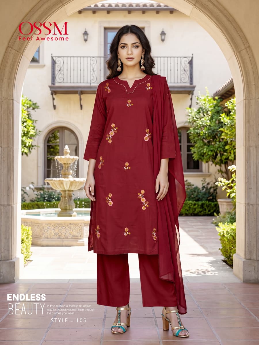 Ossm Millie Vol 1 Cotton Embroidered Kurti Pant Dupatta Set - Amrah Wholesale