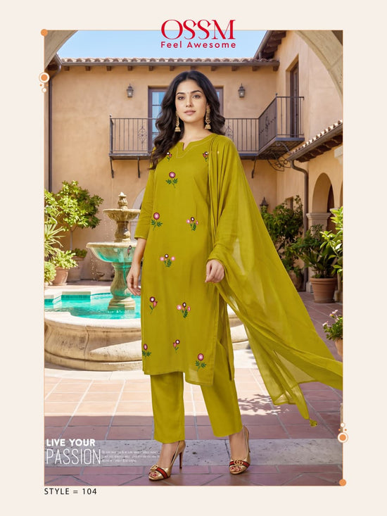 Ossm Millie Vol 1 Cotton Embroidered Kurti Pant Dupatta Set - Amrah Wholesale