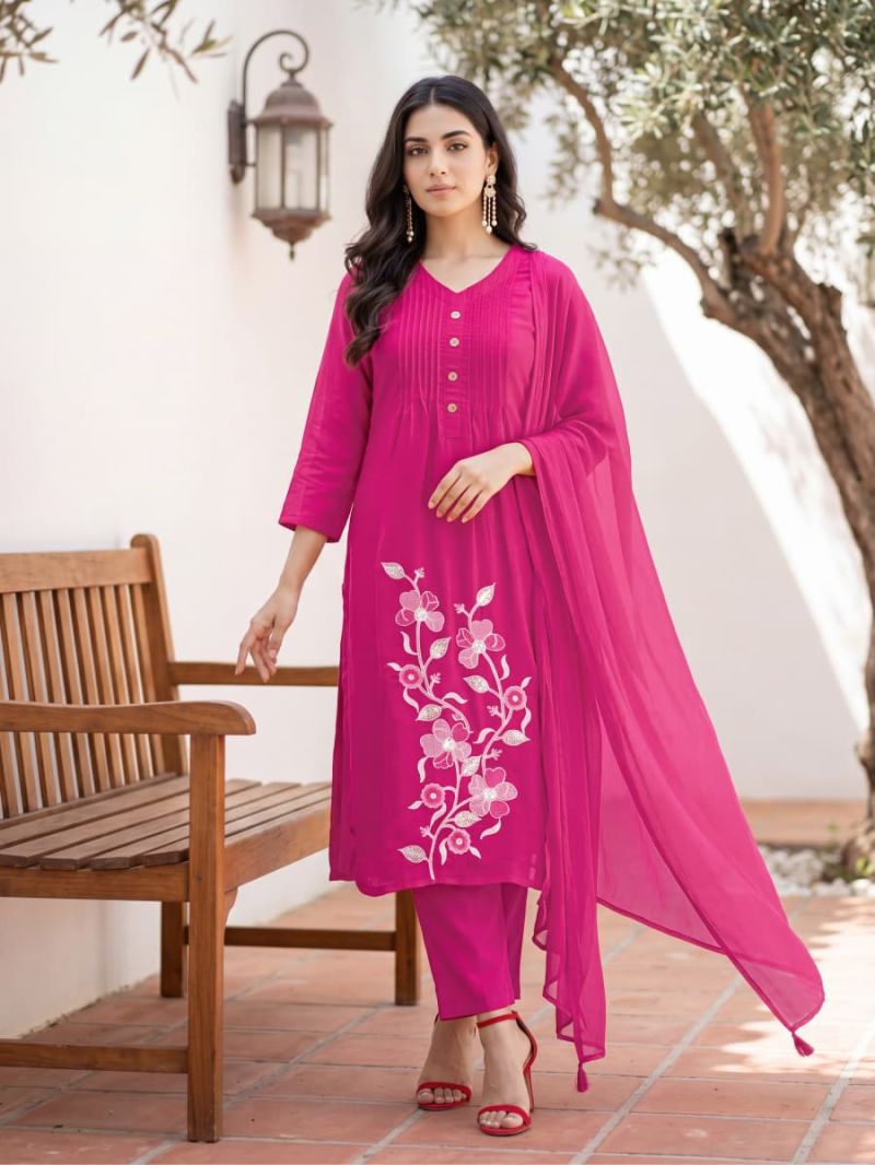 Ossm Sargam Mal Chanderi Cotton Inner Embroidered Kurti Pant Dupatta Set - Amrah Wholesale