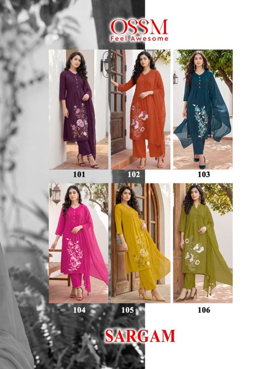 Ossm Sargam Mal Chanderi Cotton Inner Embroidered Kurti Pant Dupatta Set - Amrah Wholesale