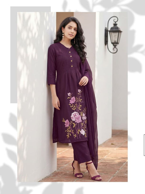 Ossm Sargam Mal Chanderi Cotton Inner Embroidered Kurti Pant Dupatta Set - Amrah Wholesale