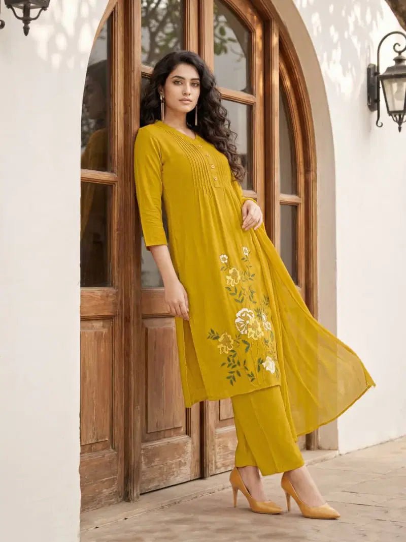 Ossm Sargam Mal Chanderi Cotton Inner Embroidered Kurti Pant Dupatta Set - Amrah Wholesale