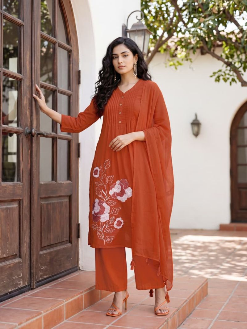 Ossm Sargam Mal Chanderi Cotton Inner Embroidered Kurti Pant Dupatta Set - Amrah Wholesale