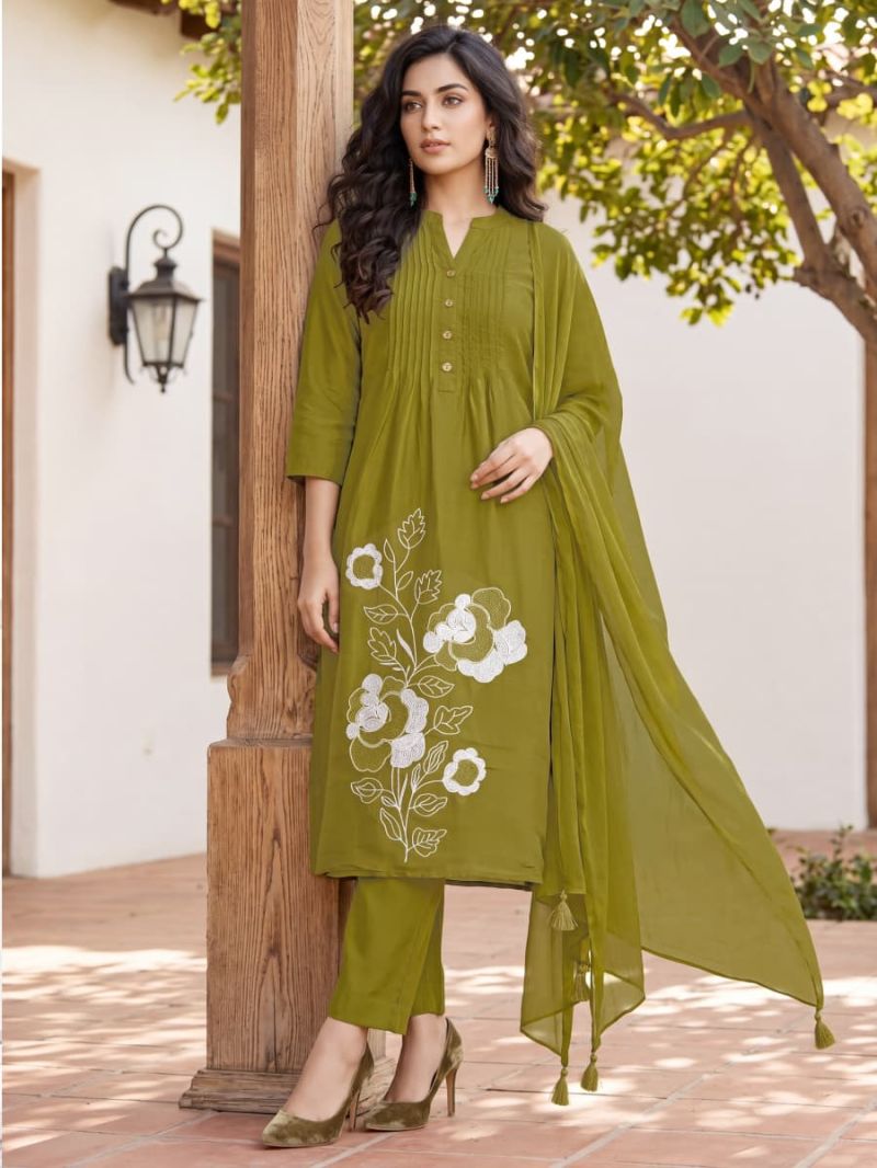 Ossm Sargam Mal Chanderi Cotton Inner Embroidered Kurti Pant Dupatta Set - Amrah Wholesale