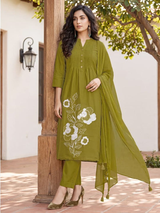 Ossm Sargam Mal Chanderi Cotton Inner Embroidered Kurti Pant Dupatta Set - Amrah Wholesale