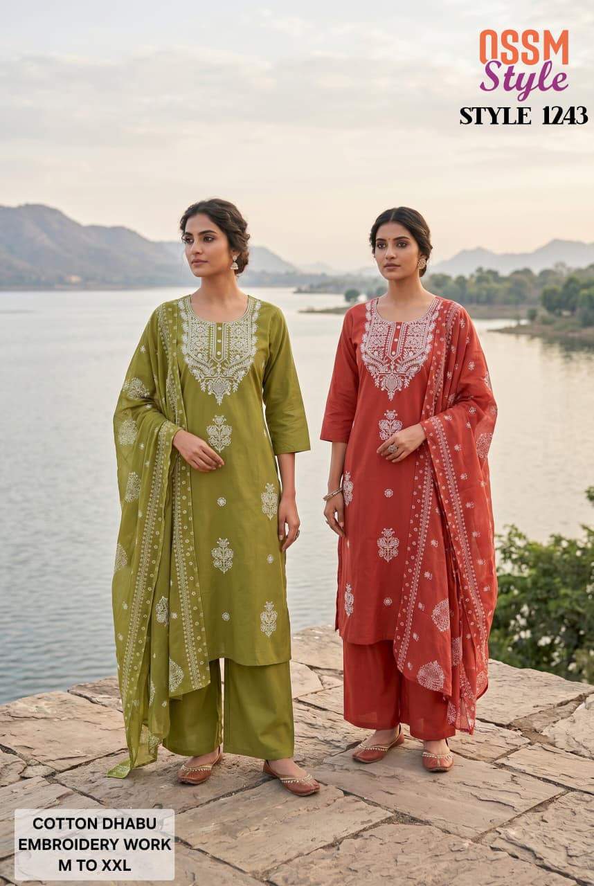 Ossm Style 1243 Cotton Dhabu Embroidered Kurti Set - Amrah Wholesale