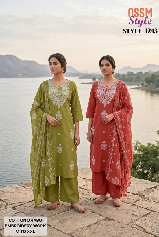 Ossm Style 1243 Cotton Dhabu Embroidered Kurti Set - Amrah Wholesale