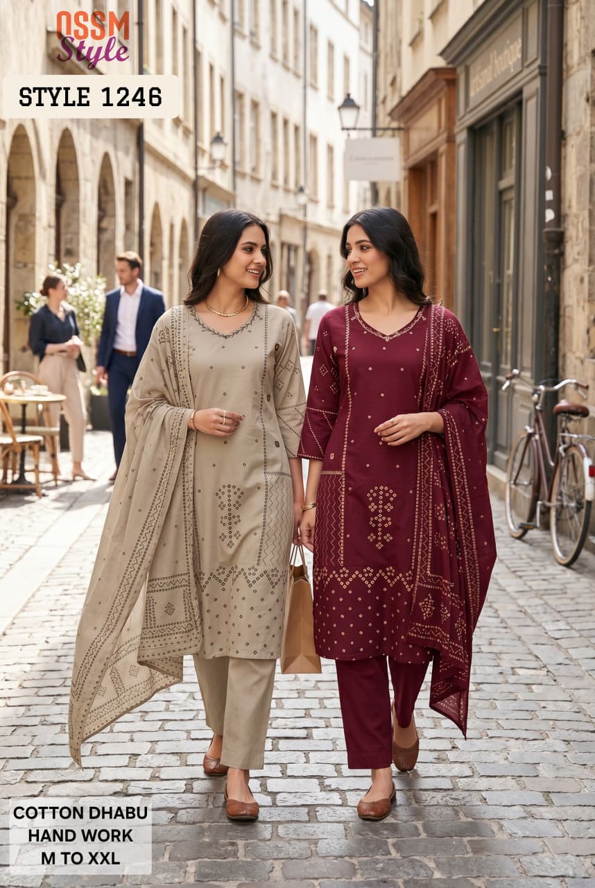 Ossm Style 1246 Cotton Dhabu Handwork Kurti Set - Amrah Wholesale