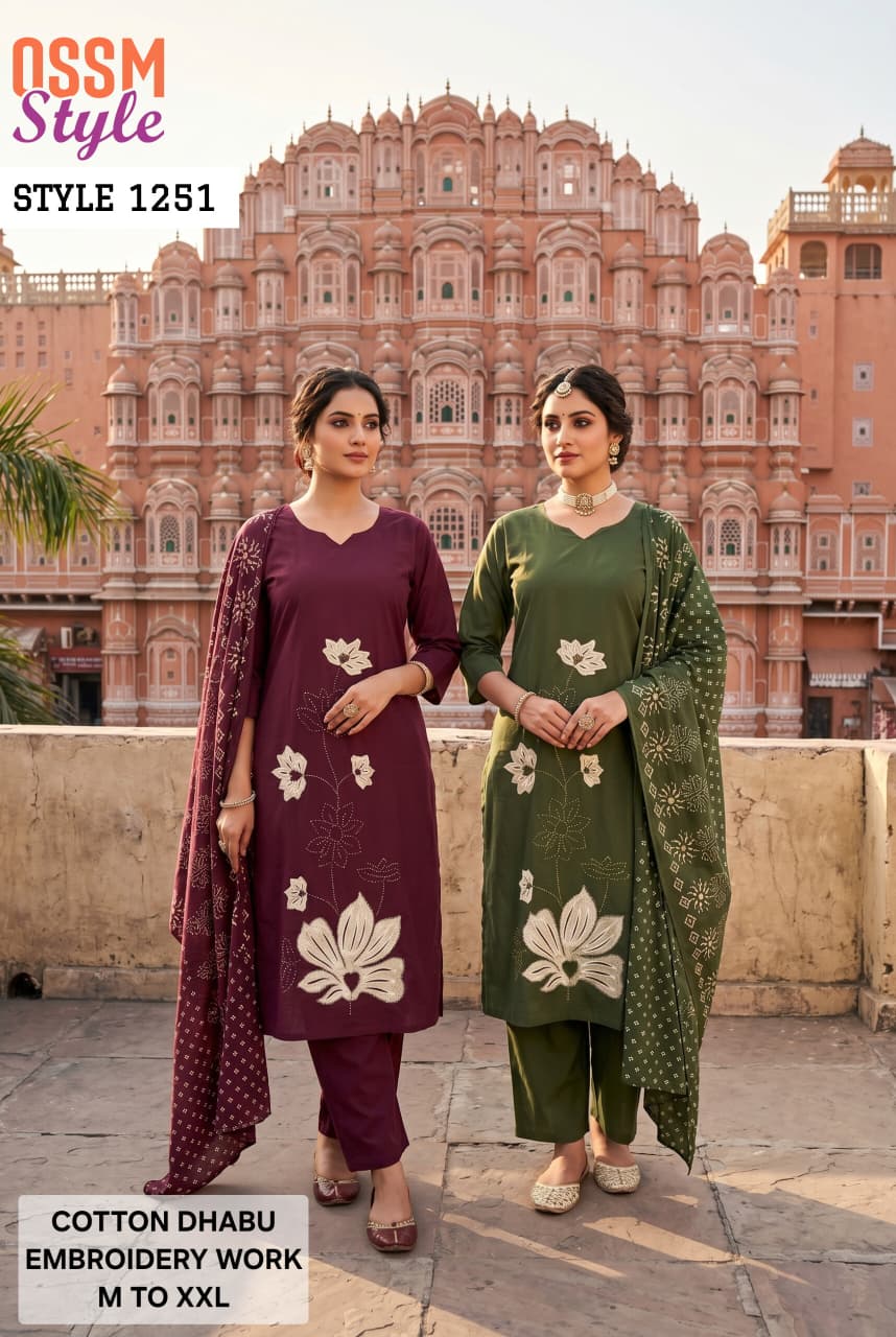 Ossm Style 1251 Cotton Dhabu Embroidered Kurti Set - Amrah Wholesale