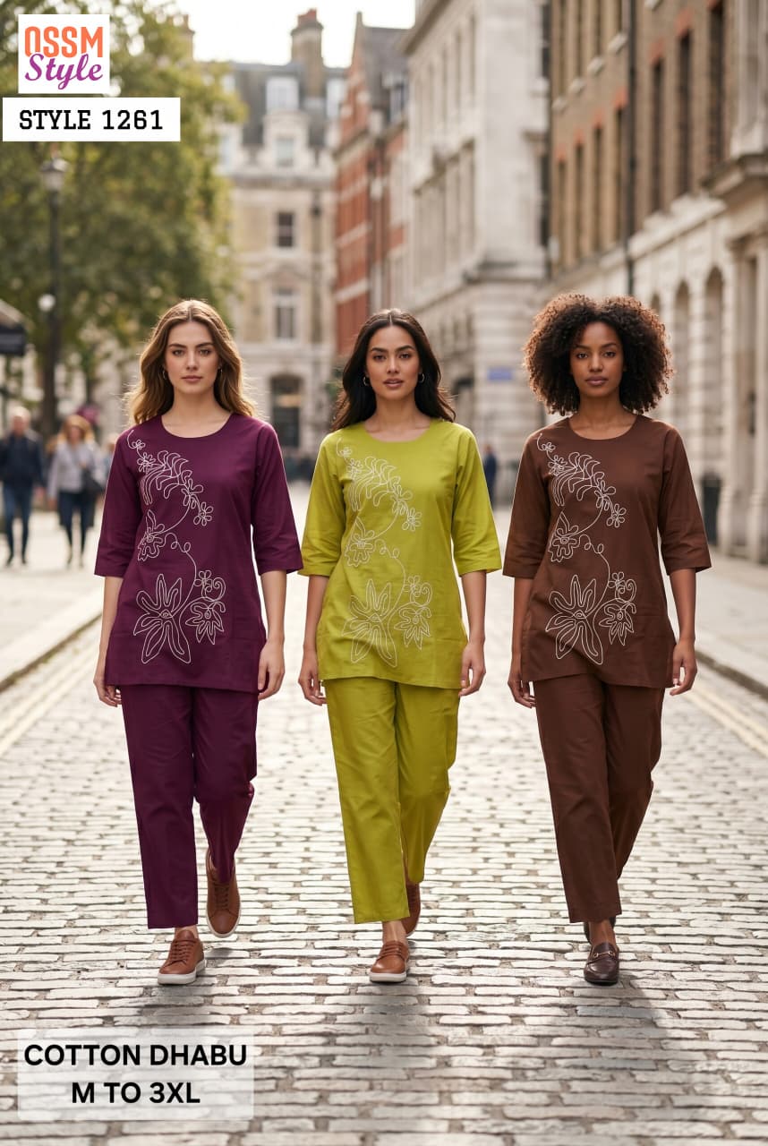 Ossm Style 1261 Dhabu Cotton Thread Work Kurti Pant Set