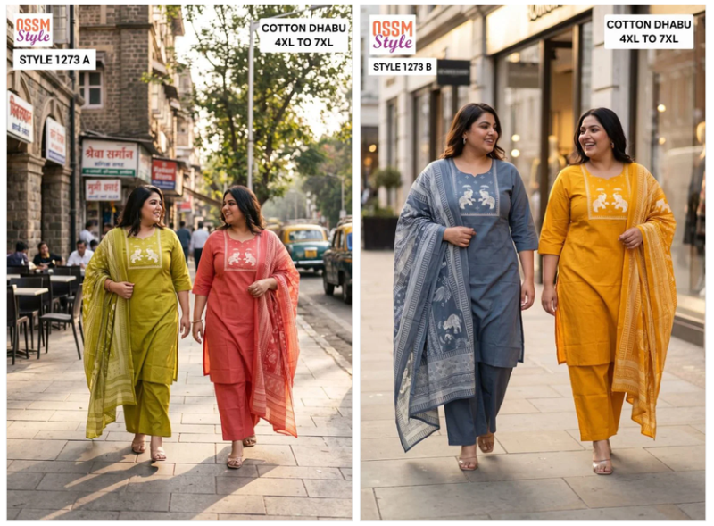 Ossm Style 1273 Pluz Size Dhabu Cotton Kurti Pant Dupatta Set - Amrah Wholesale