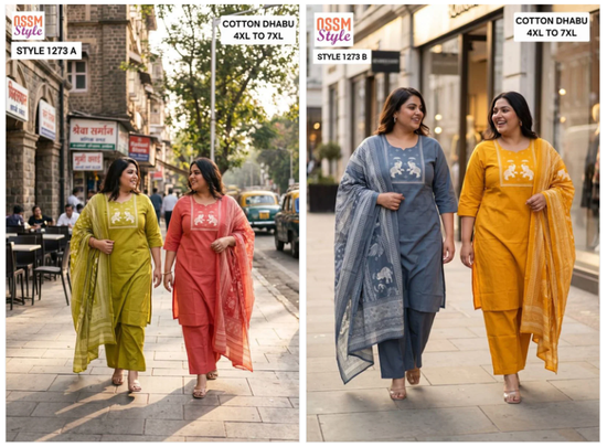 Ossm Style 1273 Pluz Size Dhabu Cotton Kurti Pant Dupatta Set - Amrah Wholesale