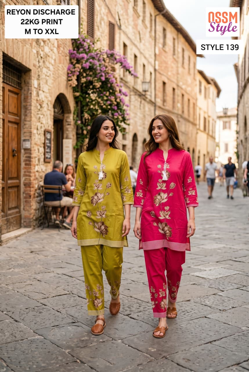 Ossm Style 139 Rayon Digital Discharge Print Kurti Pant Set
