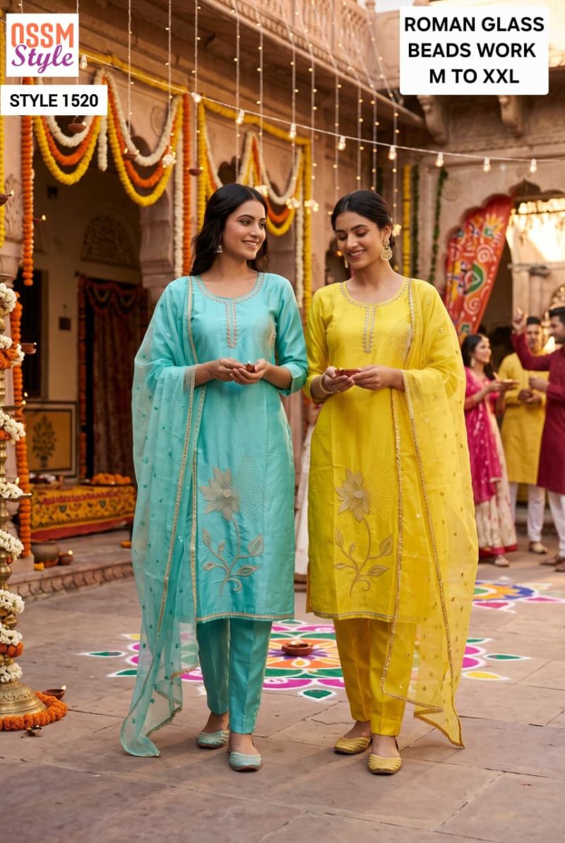 Ossm Style 1518 To 1520 Roman Glass Beads Work Kurti with Bottom & Dupatta Set - Amrah Wholesale